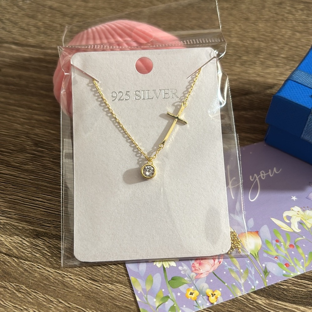 Crystal Cross Pendant Necklace 14KGP S925 NEW